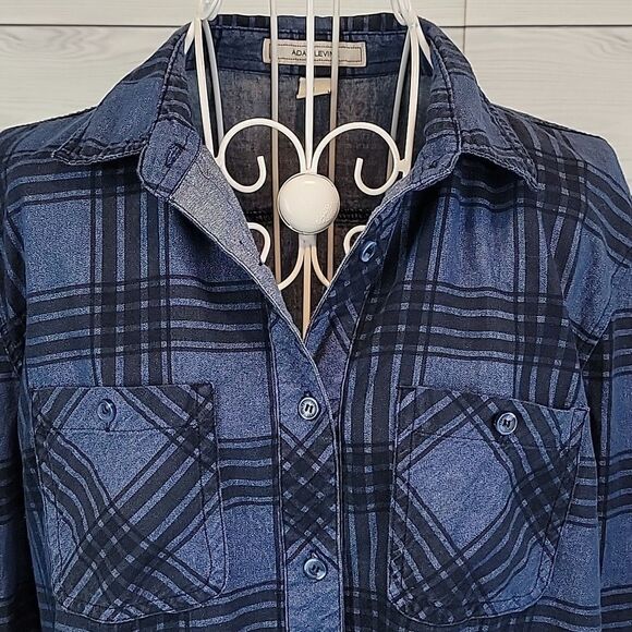 Adam Levine blue plaid button-down shirt Women's Size L - Picture 2 of 10
